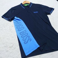 【1円〜】ヒューゴボス ポロシャツ デカロゴ ビッグロゴ HUGO BOSS ブルー×ネイビー M