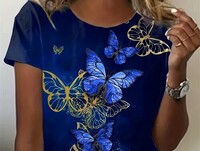【新品】プリント T シャツ 半袖 レディース 5XL 大きいサイズ プラスサイズ バタフライ 青い蝶々