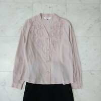 バーバリーズ　刺繍　ブラウス　トップス　 シャツ　大きいサイズ　15号　ピンク　ノーカラー　長袖　上品　上質　レトロ　ヴィンテージ　