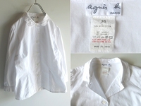 ネコポス対応 agnes b. アニエスベー 七分袖 コットン ラウンドカラーシャツ 丸襟 ブラウス 36 白 ホワイト 日本製
