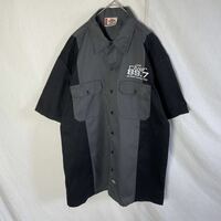 ディッキーズ　半袖ワークシャツ　古着　Lサイズ　ブラック×グレー　WORKWEAR 刺繍ロゴ