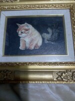 小さな子猫の油絵(本物絵サイズ1号)アンティーク額装