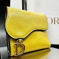 Christian Dior クリスチャンディオール 三つ折り財布 イエロー Wホック サドル レディース フラップ コンパクトウォレット
