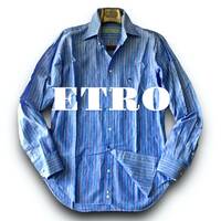D05 美品 極上の爽やかさ！定価4万 XLぐらい 41『エトロ ETRO』リネン使い コットン ストライプ 長袖 シャツ ワンポイント刺繍 ブルー