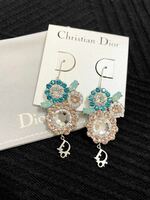 レア＊Christian Dior クリスチャン・ディオール ビジュー フラワー ロゴ スイング ピアス シルバー色 カラーストーン