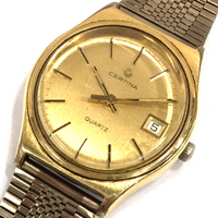 サーチナ デイト クォーツ 腕時計 メンズ ゴールドカラー文字盤 稼働品 社外ブレス CERTINA QR052-257