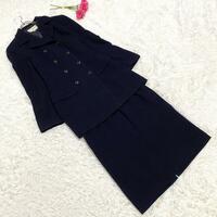 極美品　HANAE MORI　ハナエモリ（9）ジャケットスカート　スーツ　フォーマル　お受験スーツ　ツイード　ダブルブレスト　紺色　ネイビー