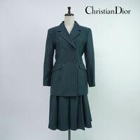 美品 Christian Dior クリスチャンディオール ウール100% ダブルジャケット フレアスカート スーツ 総裏 レディース 緑 サイズ9*PC783