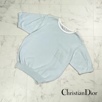Christian Dior クリスチャンディオール ポイント刺繍 半袖サマーニット トップス レディース 水色 ライトブルー サイズM*PC78