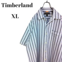 Timberland ティンバーランド 半袖シャツ 刺繍ロゴ入り胸ポケット付き ブルー系 マルチストライプ メンズ XLサイズ