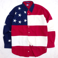 美品 90s TOMMY HILFIGER トミーヒルフィガー 星条旗デザイン 刺繍 長袖シャツ ビッグシルエット メンズXL ビンテージ シャツ