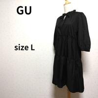 GU プレーンブラックカラーデザイン フリルネック ティアード 七分袖 ミニワンピース 黒系 Lサイズ