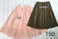 美品150サイズ2点「UNIQLO 茶色グレンチェック柄プリーツスカート」「GU シャンパンピンク チュールレース フレアスカート」ひざ下丈