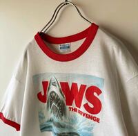【80s〜】希少 ジョーズ Tシャツ リンガー トリム ムービーT ヴィンテージ　ヘインズ　HANES フルーツ　JAWS ジャージーズ　90s 赤　白