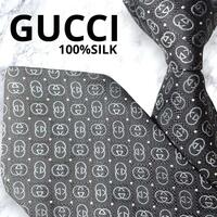 極美品 GUCCI グッチ ネクタイ GGインターロッキング柄 ブラック 高級 イタリア シルク 9.5CM 黒 紳士 メンズ スーツ 上品 