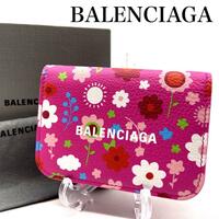 【未使用品】BALENCIAGA　バレンシアガ　コンパクト　ウォレット　三つ折り財布　カーフレザー　花柄　ピンク　PINK　箱　保存袋　付き