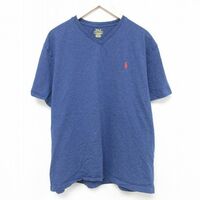 XL/古着 ラルフローレン Ralph Lauren 半袖 ブランド Tシャツ メンズ ワンポイントロゴ 大きいサイズ コットン Vネック 青 ブルー 霜降り 2