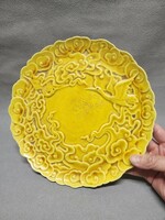 中国美術、唐物 官窯景德鎮窯黄釉鶴皿、(大明弘治年製)在銘有り、明時代