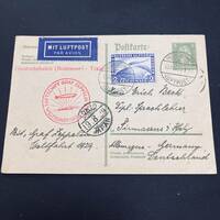 1929年 ツェッペリン飛行船 飛行郵便 日本宛実逓使用例 ドイツ官製はがきにツェッペリン2M切手加貼 TOKIO到着印 エンタイア